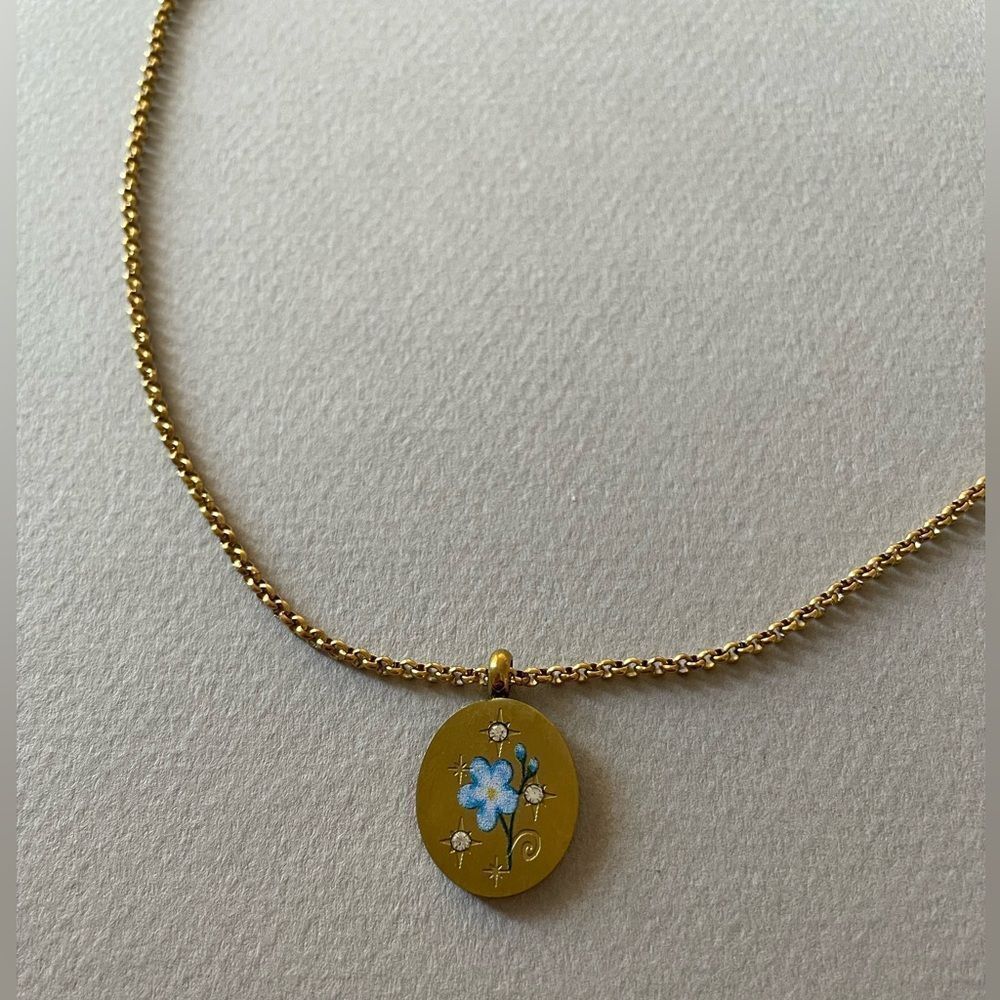 Gold blue flower Oval Pendant Necklace N1304 - Picture 2 of 4